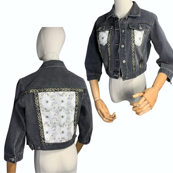 Bee Jean Jacket Gray Trucker Hand Crafted Jacquard Trim Cropped Jeanology 10 - Picture 1 of 16